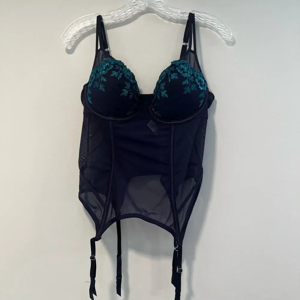 Maidenform Corset Teddy Underwire Navy Blue w Blue Embroidery Size 38C